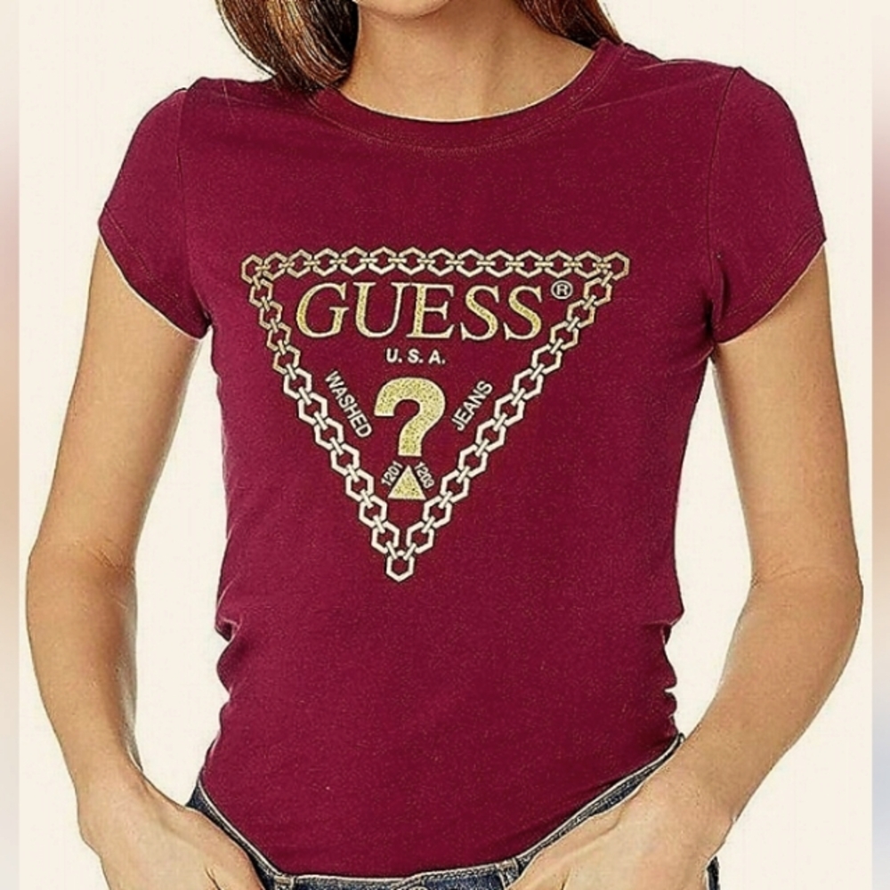 Guess Burgundy Gold Logo Printed T-Shirt